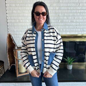 Striped Cardigan with  Denim Details